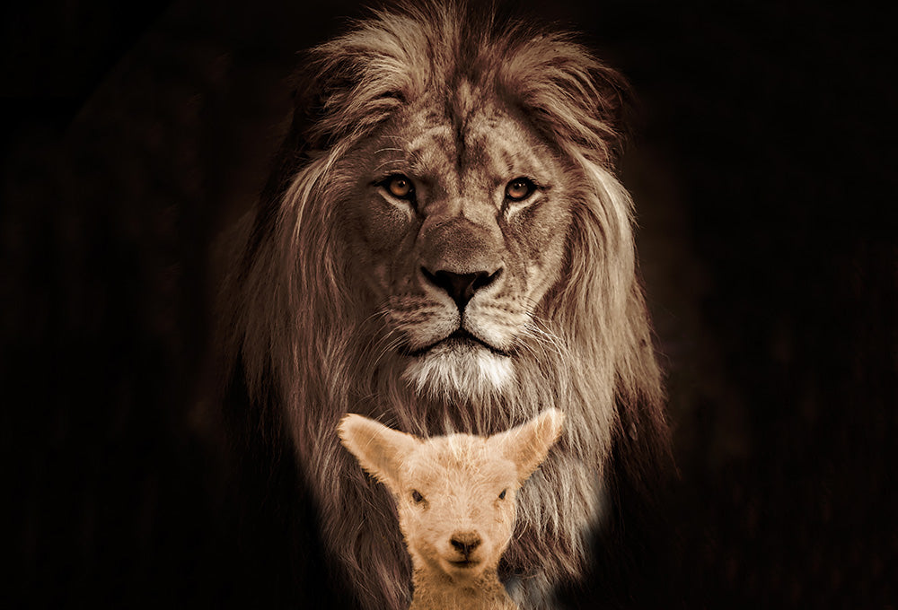 Lion standing over a lamb representing the lamb who was slain