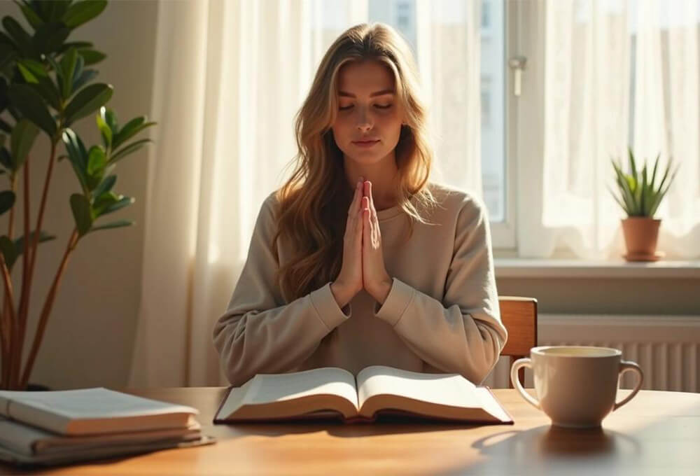 Woman praying with Bible and journal while reflecting on 2 Corinthians 3:5 about finding strength and competence in God