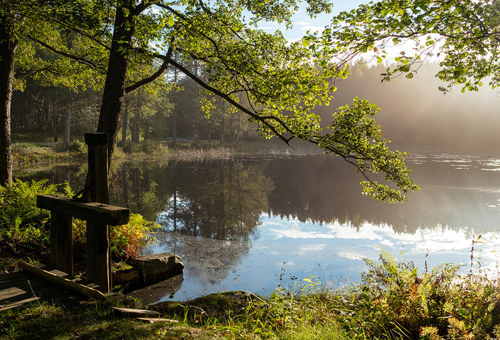 quiet lake with a bridge with a reflection of the sky in the water which relaxes your stress