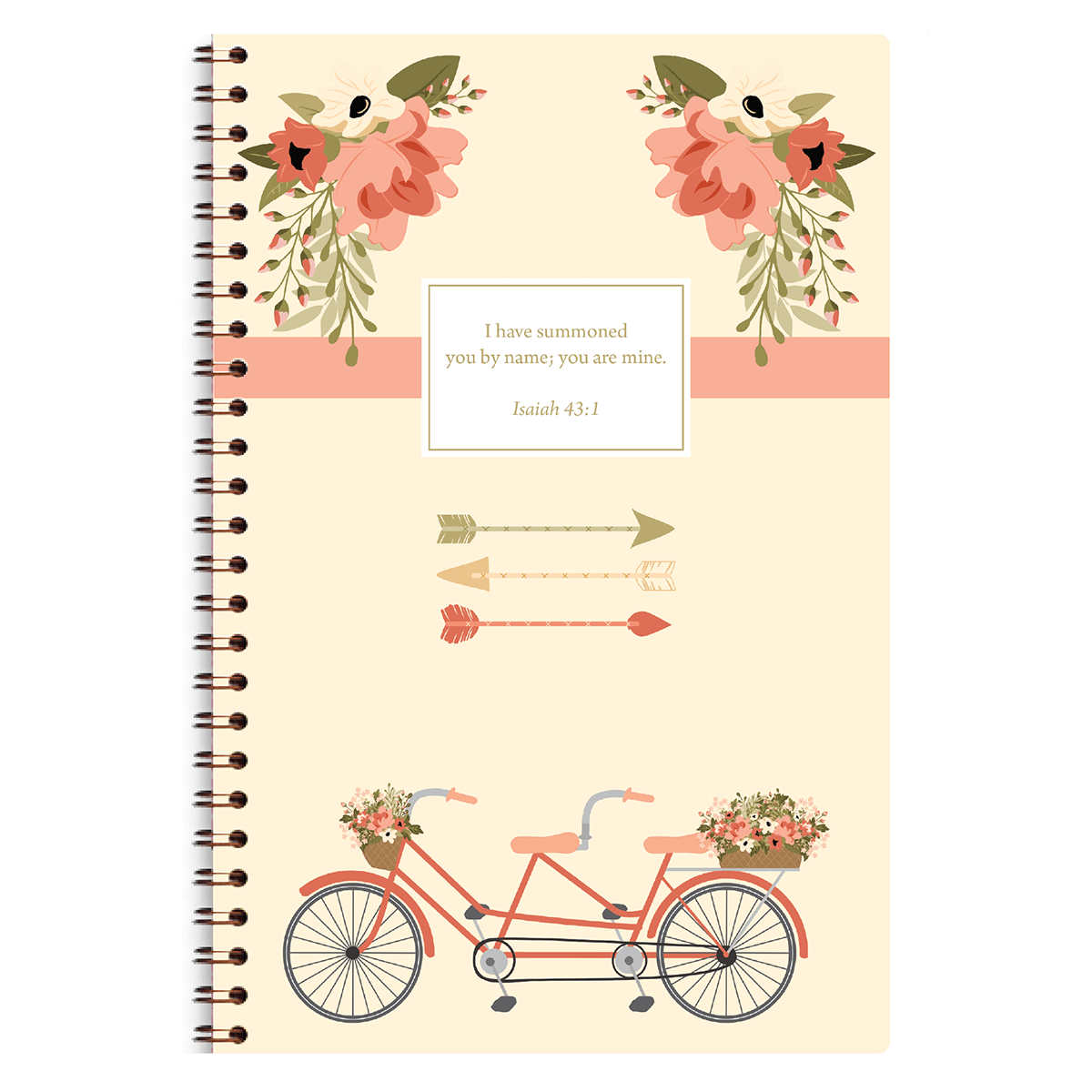 Cover of a planner featuring a bicycle with floral baskets, decorative arrows, and floral designs in the background with a quote from Isaiah 41:1.