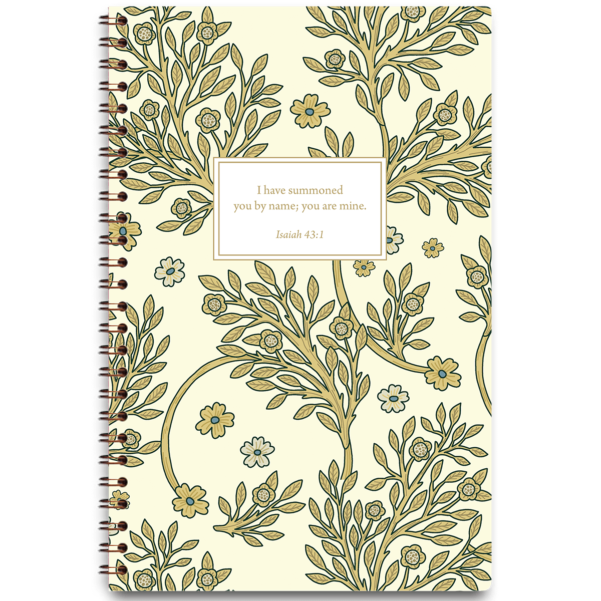 Golden Blooms personalized scripture journal with wire coil binding by Paper Sunday, warm golden floral design with a unique curated set of Bible verses for daily reflection