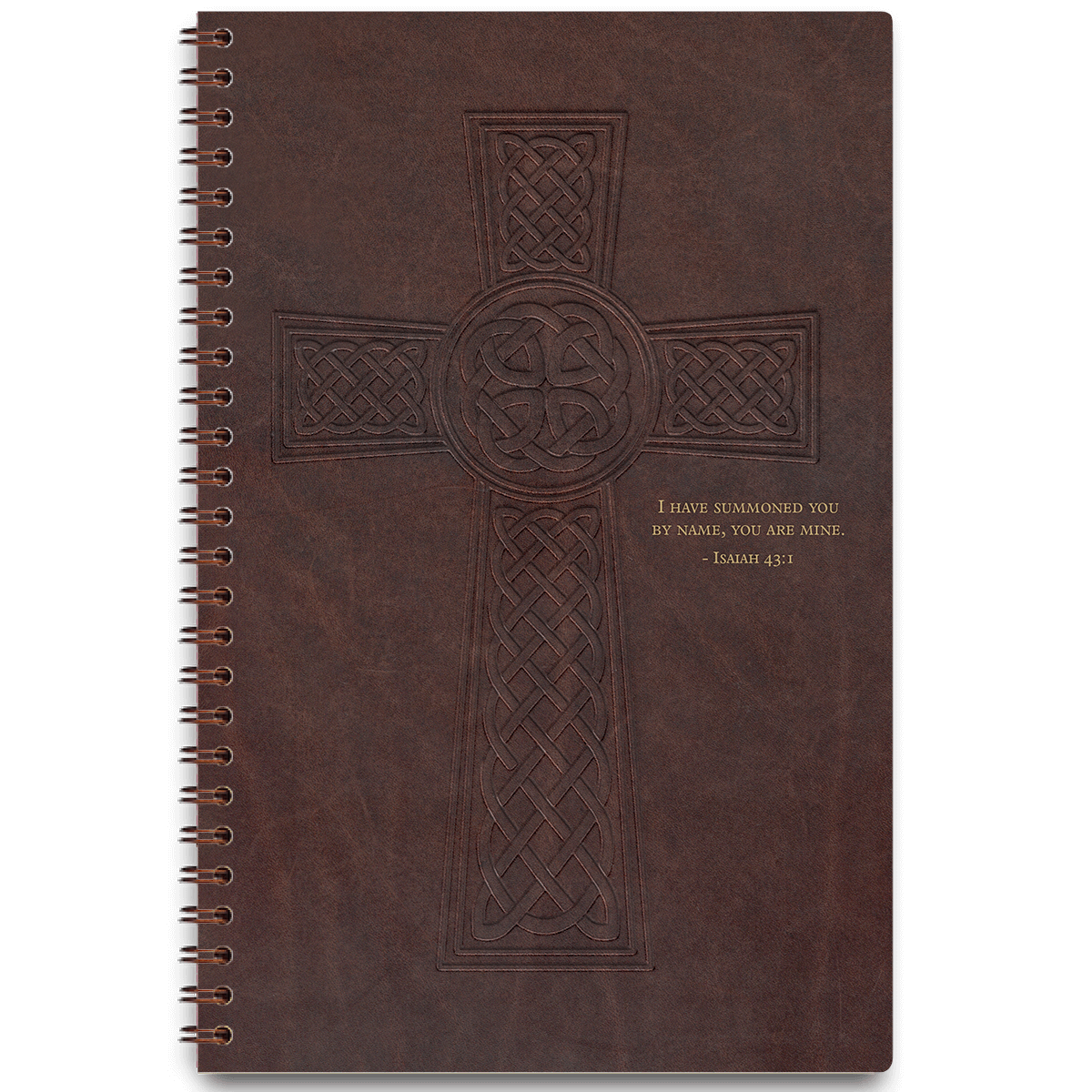 A planner with a brown cover featuring a debossed Celtic cross design and text that reads 'I have redeemed you by My blood, you are Mine, John 1:23.'.