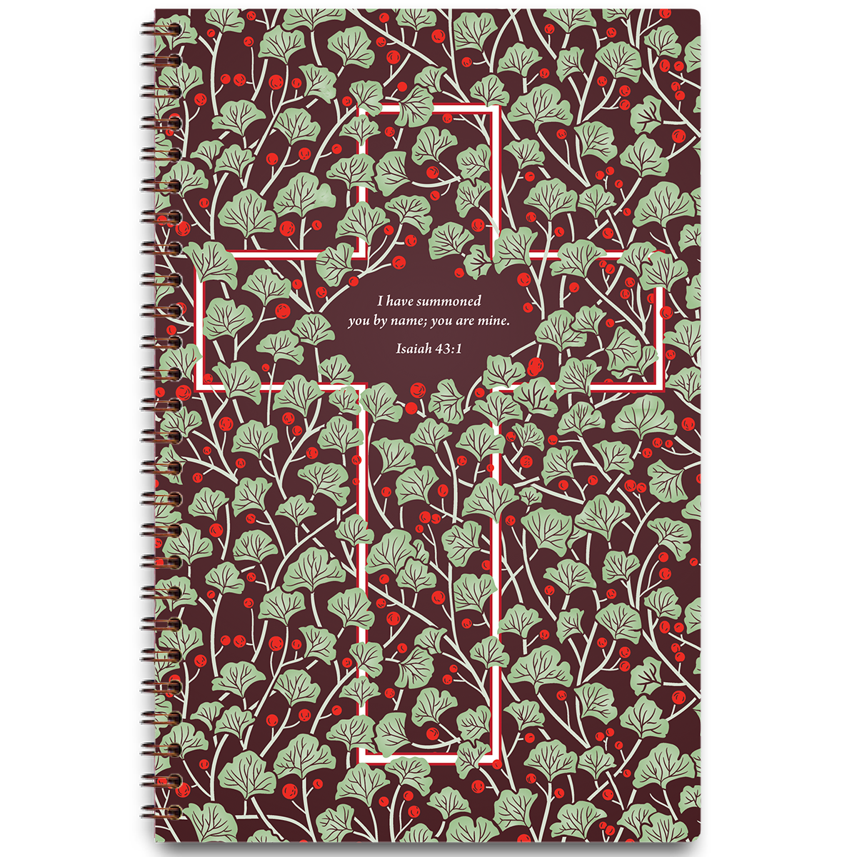 Bramble Cross personalized scripture journal with wire coil binding by Paper Sunday, nature-inspired cross design with organic vine detail and a unique curated set of Bible verses for daily reflection