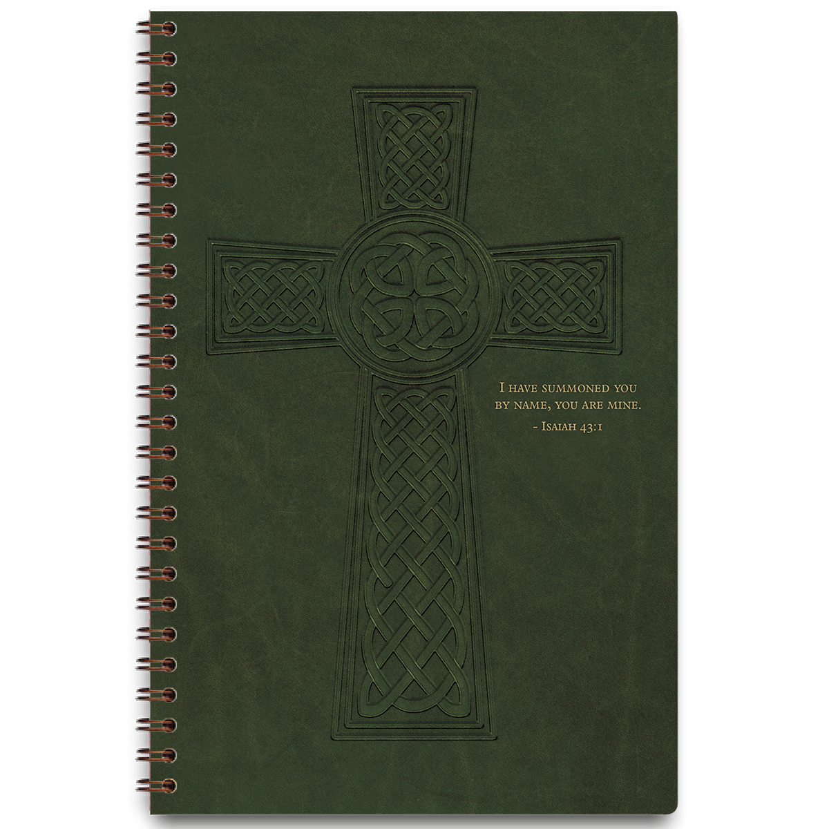 Green Celtic Cross personalized scripture journal for men with wire coil binding by Paper Sunday, traditional knotwork cross design with a unique curated set of Bible verses for daily reflection