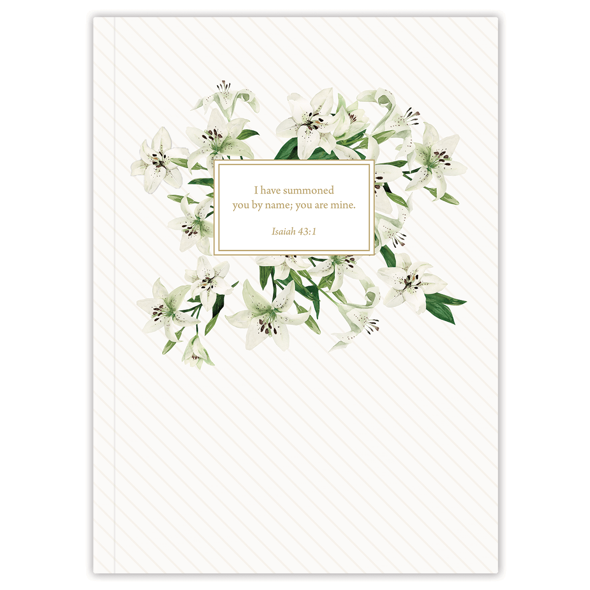 Personalized Bible journal with Easter lily artwork, elegant spring floral design with curated Bible verses for journaling and reflection
