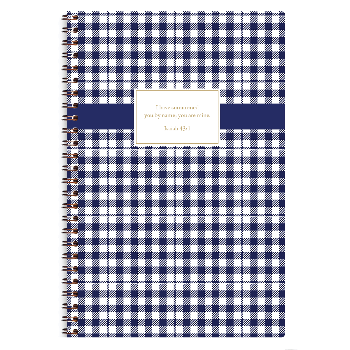 personalized blue plaid planner with wire coil binding and custom name on classic pattern
