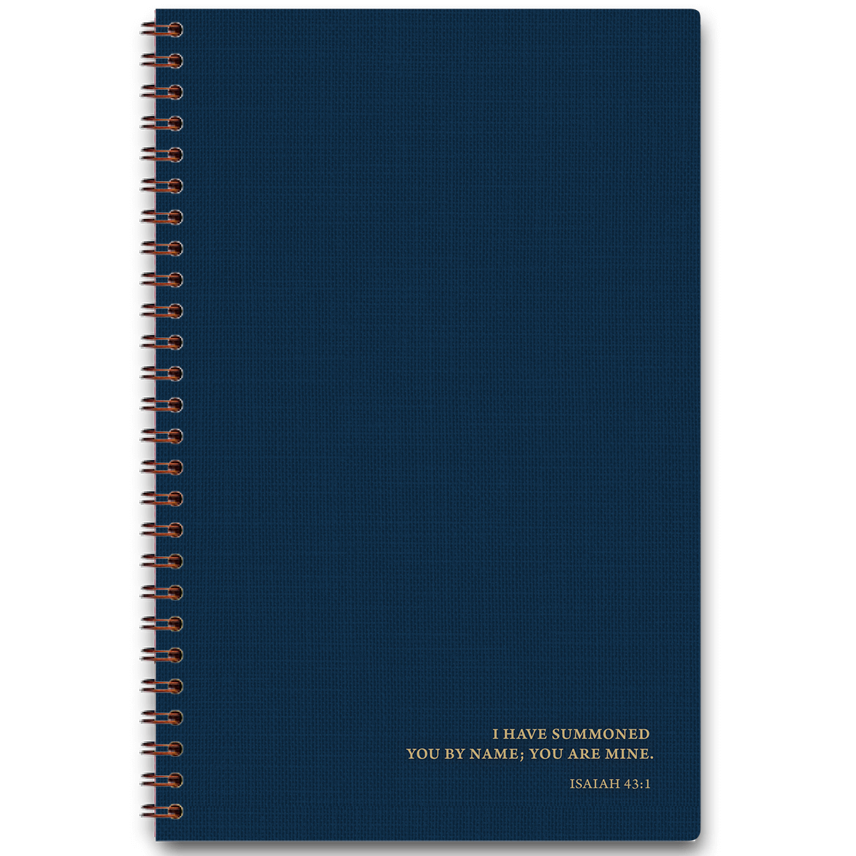 Navy linen personalized scripture journal with wire coil binding by Paper Sunday, clean minimalist design for men with a unique curated collection of Bible verses for daily reflection