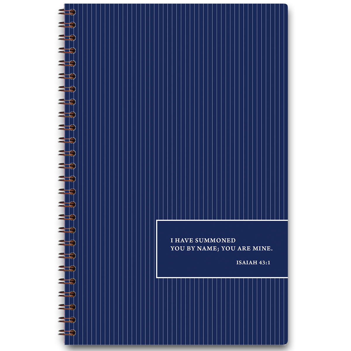Pinstripe personalized scripture journal for men with wire coil binding by Paper Sunday, clean professional design with a unique curated set of Bible verses for daily reflection and consistent use