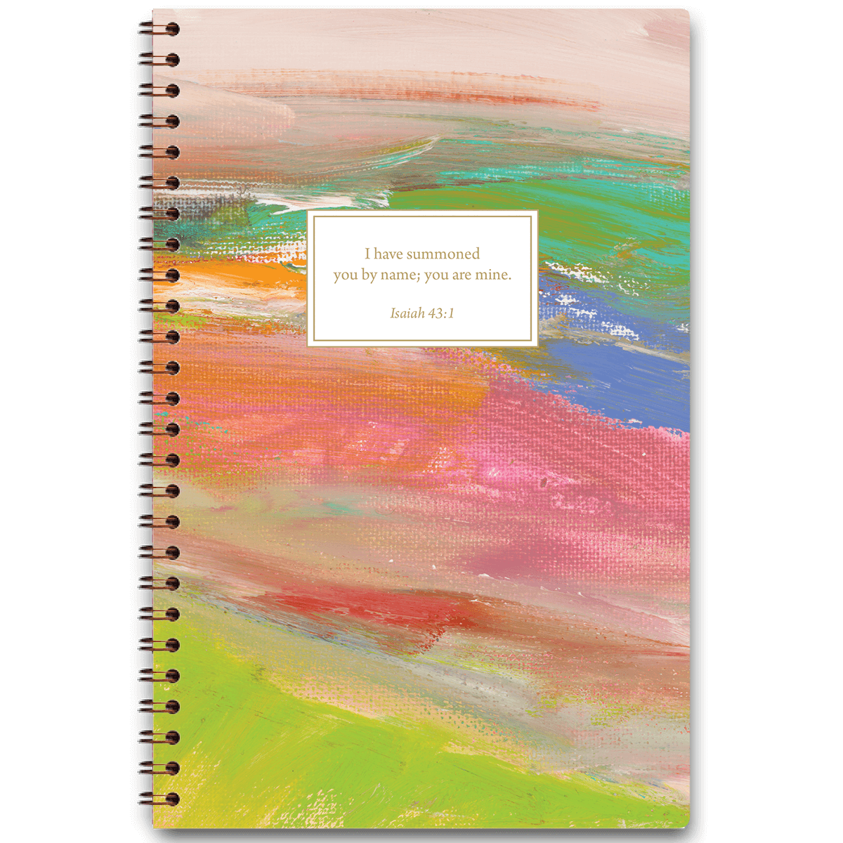 Hills & Valleys personalized scripture journal with wire coil binding featuring landscape artwork by Jenn Thatcher for Paper Sunday, each journal includes a unique curated set of Bible verses for reflection