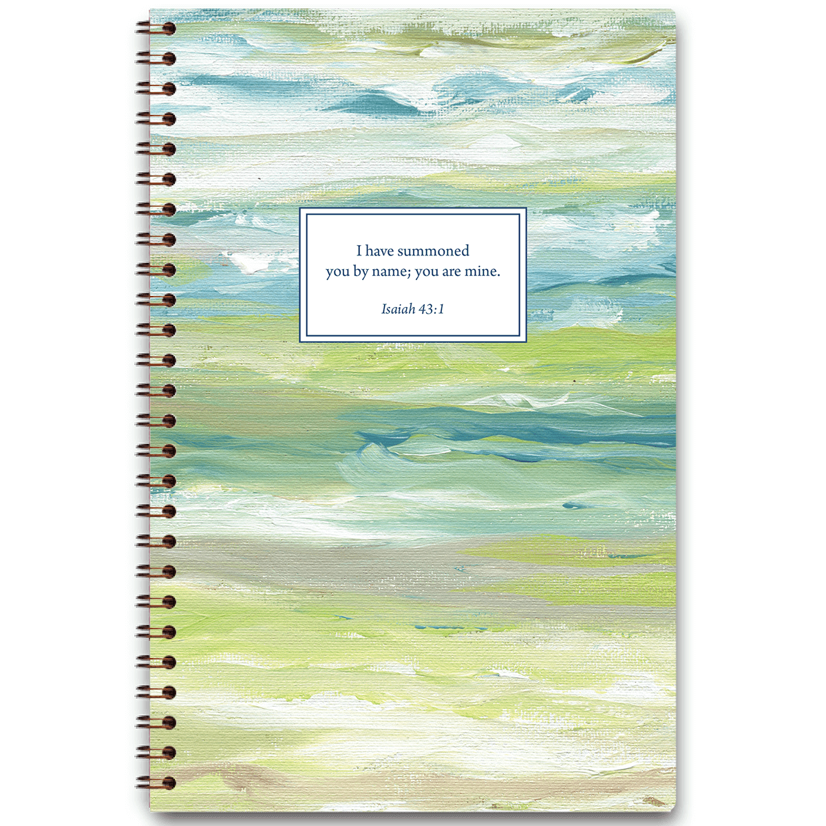 Personalized scripture journal with wire coil binding featuring artist-designed Still Waters cover by Heather Hostetter for Paper Sunday, each journal includes a unique curated set of Bible verses for peaceful daily reflection