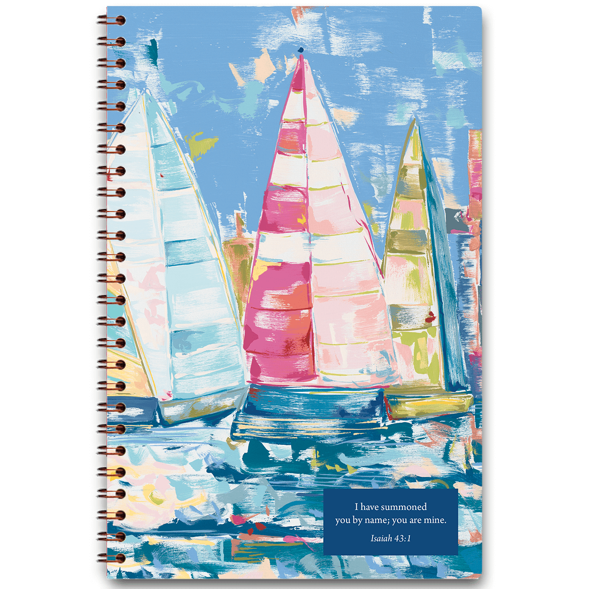Race to Macinac personalized scripture journal with wire coil binding featuring artist-designed sailing artwork by Carolyn Joe Daniel for Paper Sunday, each journal includes a unique curated set of Bible verses for daily reflection