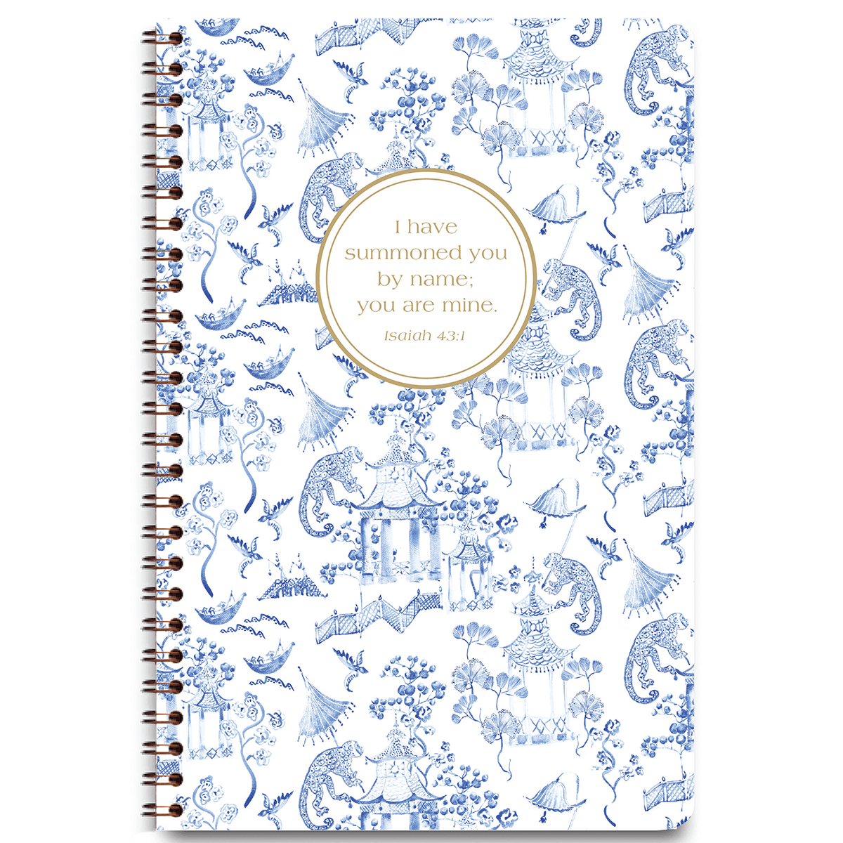 Chinoiserie personalized scripture journal with wire coil binding by Paper Sunday, classic blue and white design with a unique curated set of Bible verses for daily reflection and journaling
