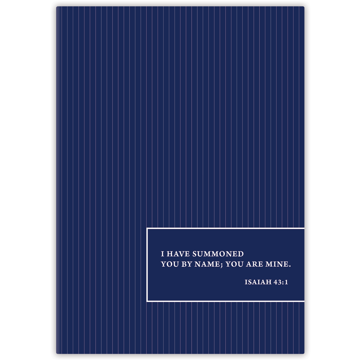 Navy Pin mini personalized scripture journal with classic pinstripe design, full-size format with 40 pages and saddle-stitched binding, featuring a unique curated set of Bible verses