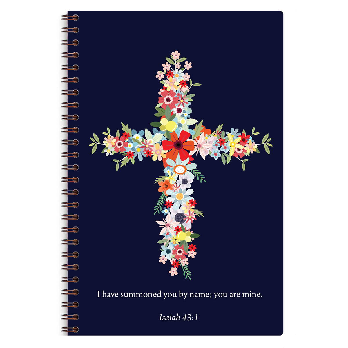 Personalized scripture journal with wire coil binding featuring Navy Floral Cross design by Paper Sunday, ideal Christian journal for daily reflection and devotional writing