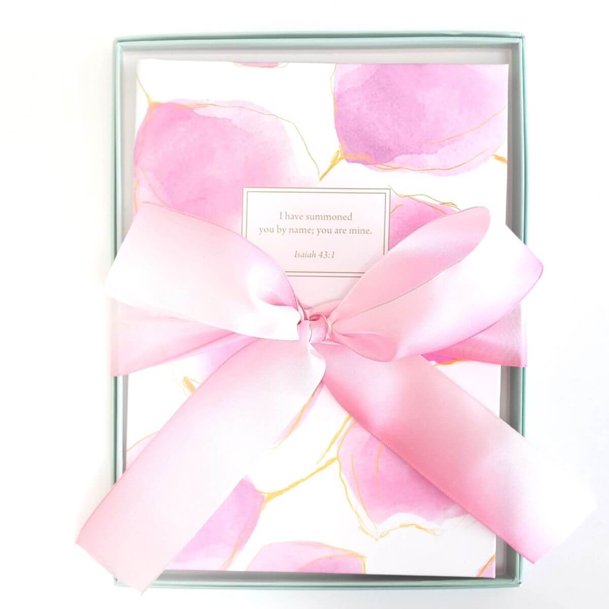 Blushing Floral personalized scripture journal by Elizabeth Lalama in a sturdy two-piece gift box with ribbon by Paper Sunday, perfect for presenting a deeply personal Christian gift with custom initials and a unique curated set of Bible verses