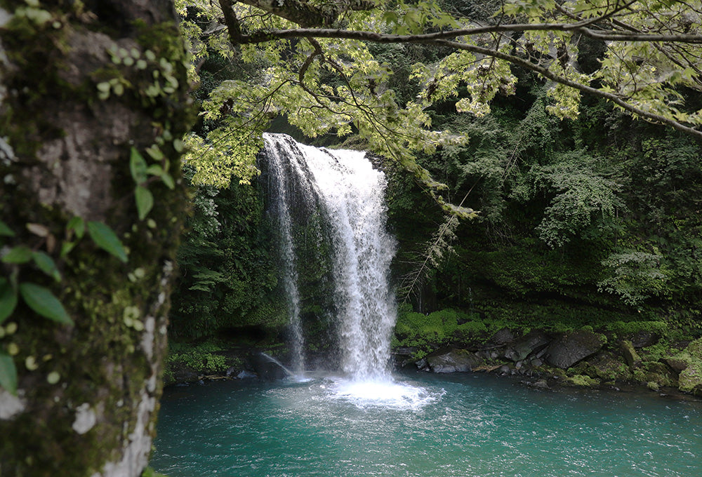 Scenic waterfall Sunlight breaking over dry landscape symbolizing renewal