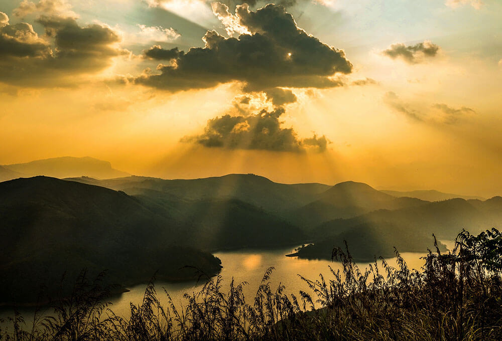 Beautiful golden sky over a mountain lake