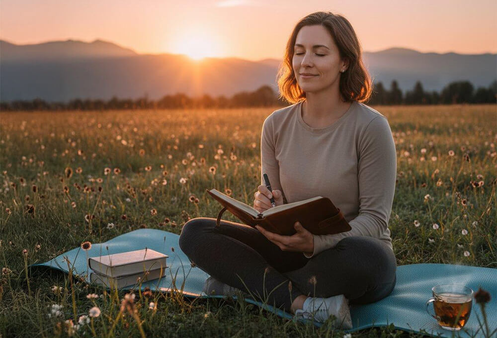 Woman Journaling, Meditating and Praying in a field of flowers