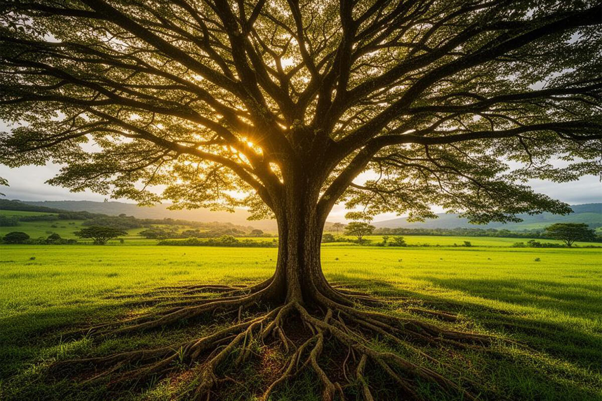 A strong tree rooted in a sunlit meadow, symbolizing a life grounded in the deep and steadfast love of Christ.