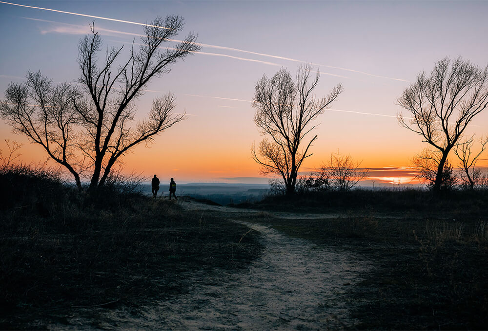 Two travelers walking together on a quiet road at sunrise