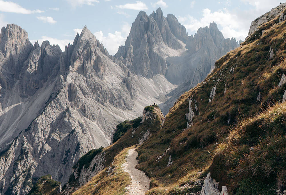 Rocky mountain path with jagged mountains ahead