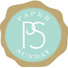 Paper Sunday logo in gold and teal with the PS logo nicely shown like a round stamp