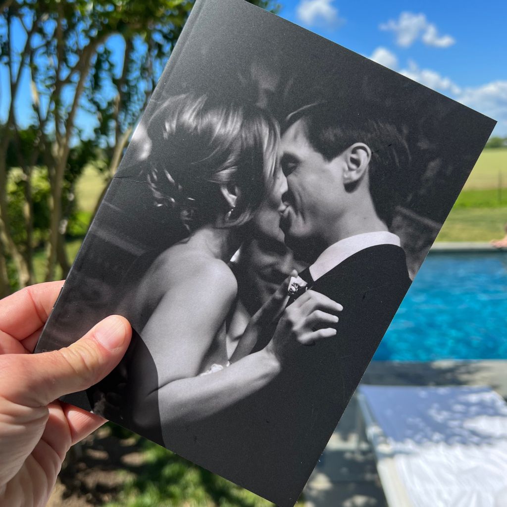 custom cover scripture journal with a photo of a couple getting married and tyhe background is an outdoor pool