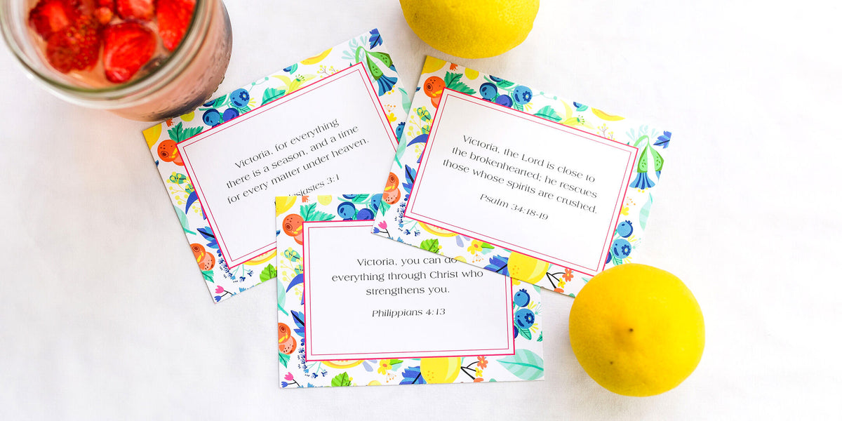 three personalized scripture cards in a citrus design with lemons and flowers to accent the design