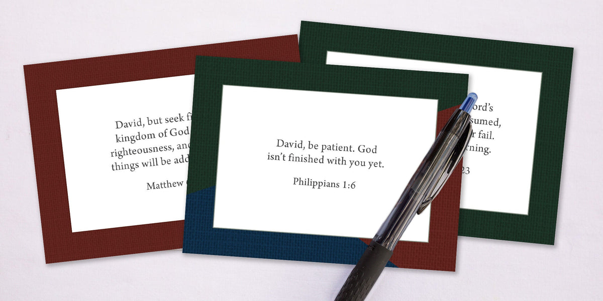 Three personalized scripture cards featuring Bible verses customized with a name