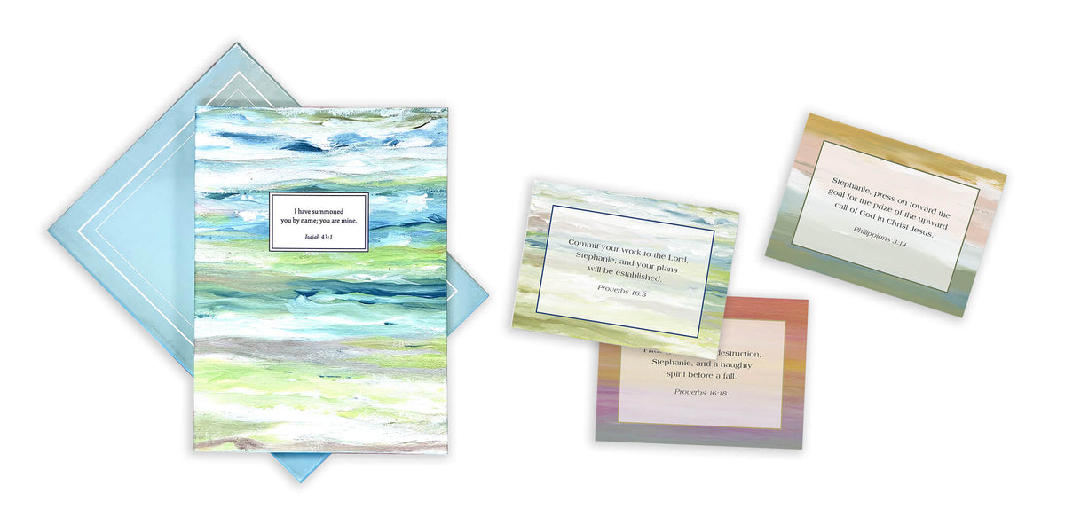 Artist collaboration personalized scripture journal and cards laid out on a white background showing perfect christian gifts