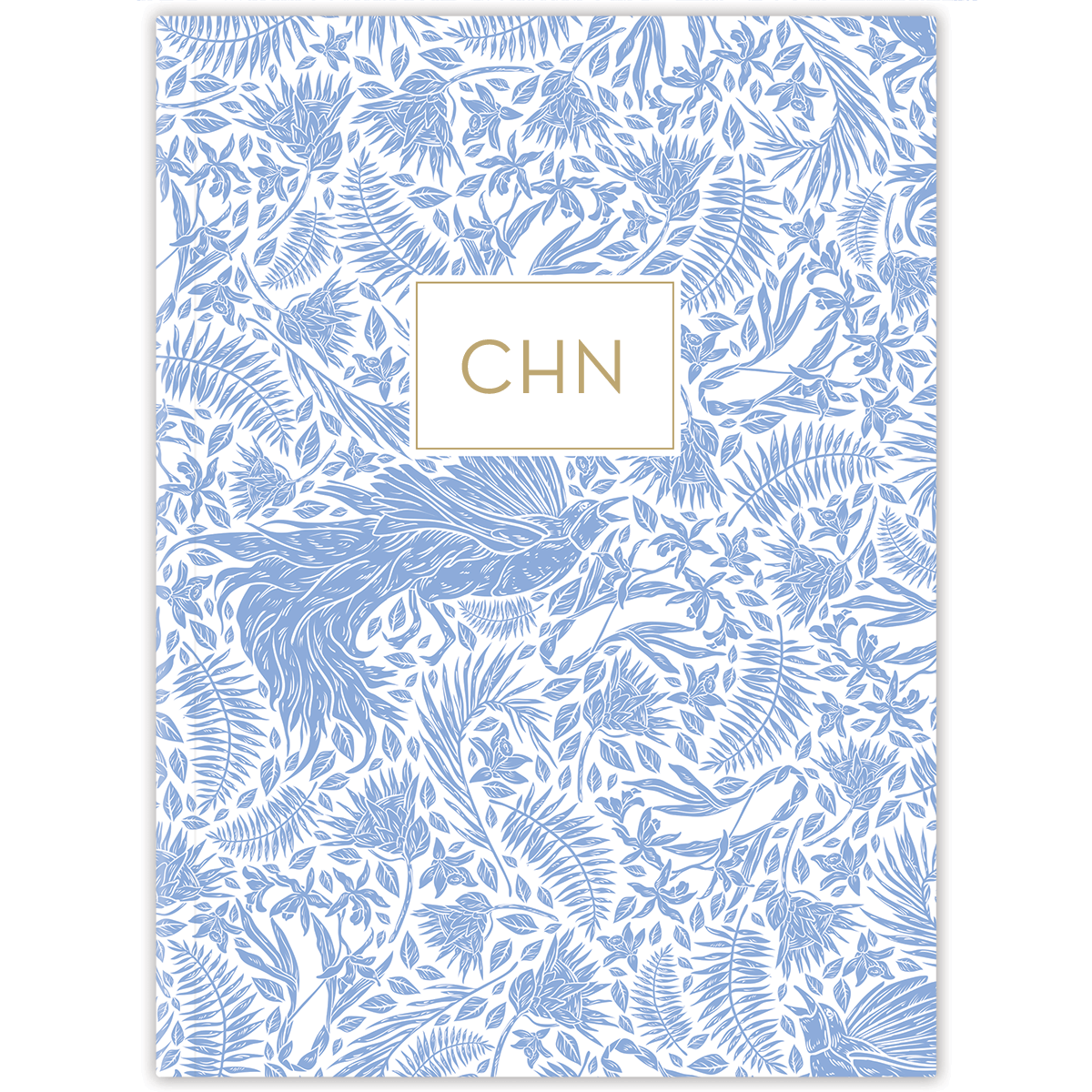 Hardcover Chinoiserie Bird personalized scripture journal, refined decorative Christian journal with bird motif and carefully selected Bible verses for meaningful daily use, showing the option for cover initials