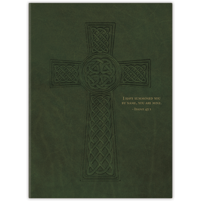 Hardcover Green Celtic Cross personalized scripture journal for men, durable Christian journal with heritage-inspired design and carefully selected Bible verses for daily discipline and spiritual growth