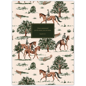 Softcover Equestrian Afternoon Bible journal with equestrian artwork, personalized scripture journal designed for horse lovers with a one-of-a-kind selection of curated scriptures