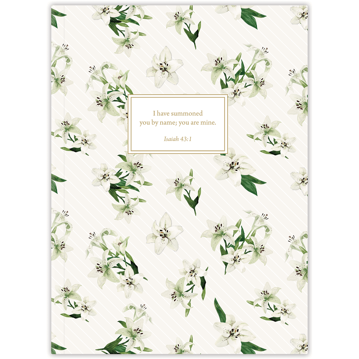 Softcover Easter Lily Blooms Bible journal with delicate white lily artwork, personalized scripture journal featuring a one-of-a-kind selection of curated scriptures for journaling and reflection