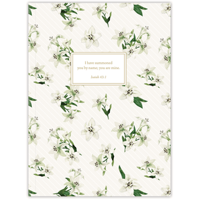 Softcover Easter Lily Blooms Bible journal with delicate white lily artwork, personalized scripture journal featuring a one-of-a-kind selection of curated scriptures for journaling and reflection