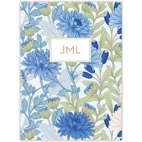 Personalized blue chrysanthemum planner with durable hardcover and custom name on floral design