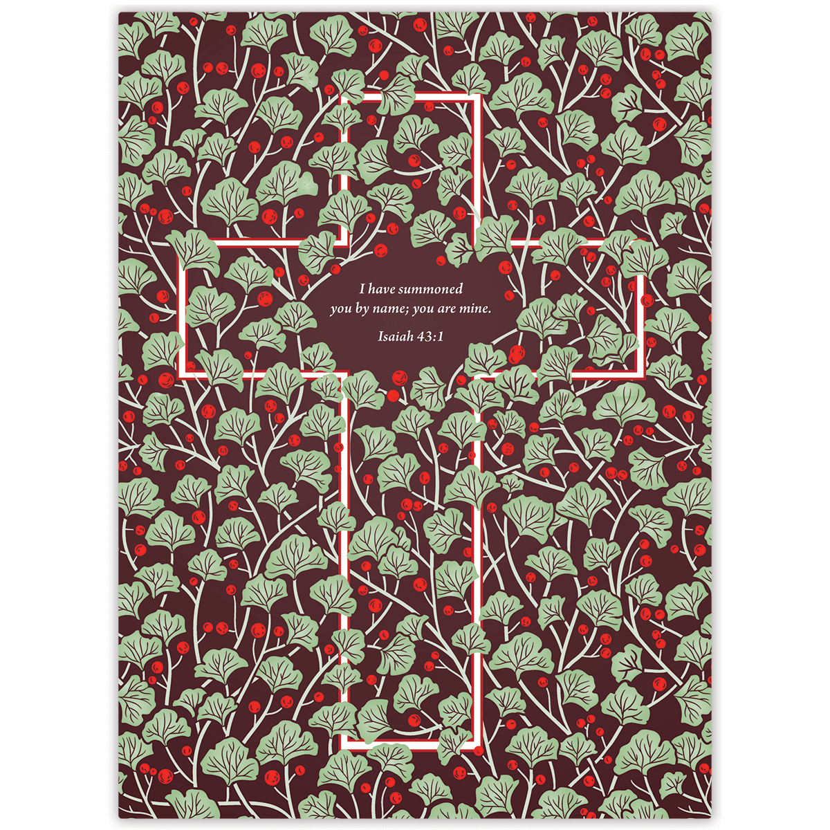A planner cover featuring a red and green foliage pattern with a central cross design and text from Isaiah 43:6.