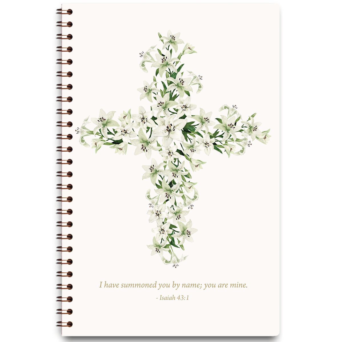 Easter Lily Cross personalized scripture journal with wire coil binding by Paper Sunday, elegant floral cross design symbolizing renewal with a unique curated set of Bible verses for daily reflection