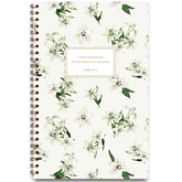 Easter Lily Blooms personalized scripture journal with wire coil binding by Paper Sunday, soft lily floral design inspired by spring with a unique curated set of Bible verses for daily reflection