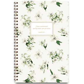 Easter Lily Blooms personalized scripture journal with wire coil binding by Paper Sunday, soft lily floral design inspired by spring with a unique curated set of Bible verses for daily reflection