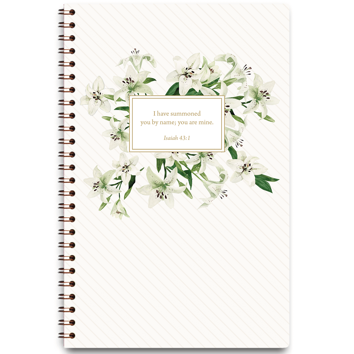 Easter Lilies personalized scripture journal with soft white lily floral design, featuring a unique curated set of Bible verses for peaceful daily reflection
