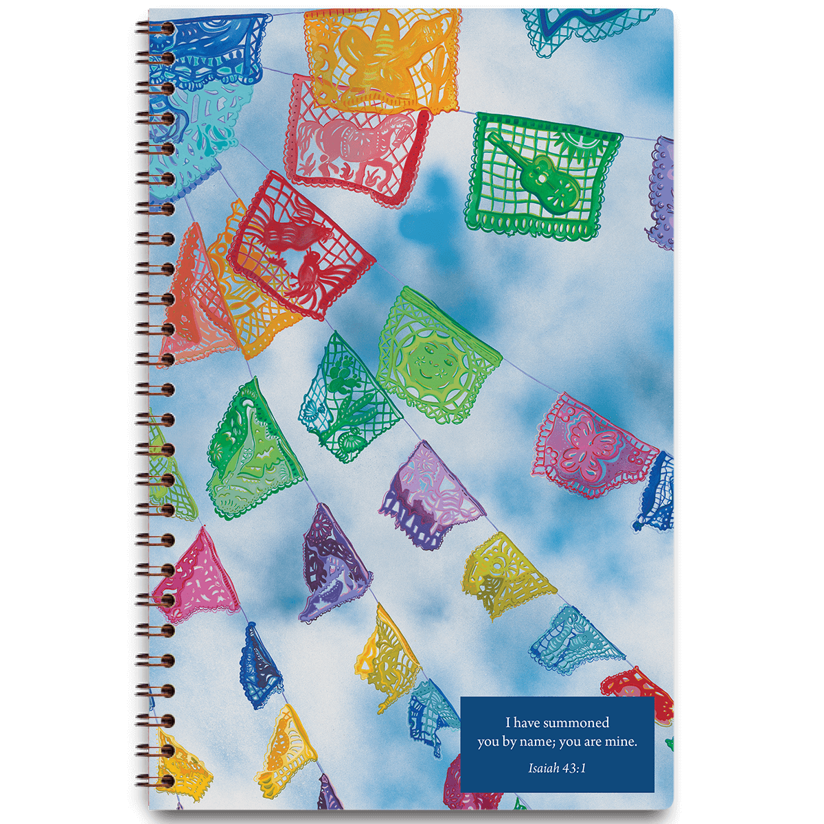 A colorful planner cover featuring a pattern of hanging paper decorations, known as Papel Picado, with a quote from Isaiah 43:1 in a blue background.