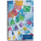 A colorful planner cover featuring a pattern of hanging paper decorations, known as Papel Picado, with a quote from Isaiah 43:1 in a blue background.