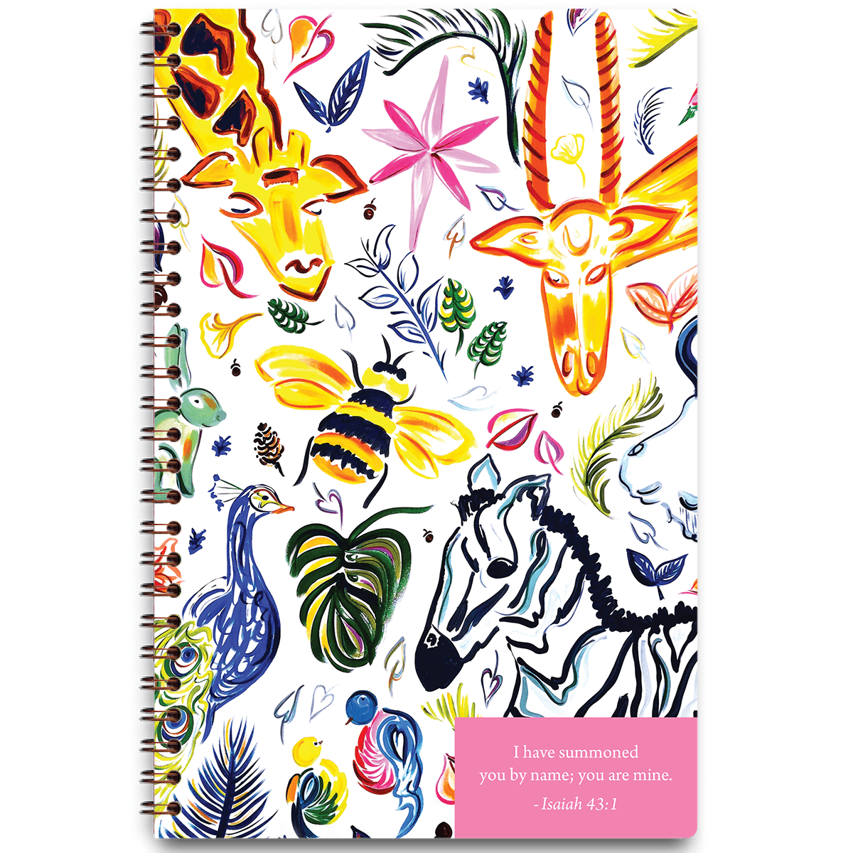Safari Party personalized scripture journal with wire coil binding featuring artist-designed animal artwork by Carolyn Joe Daniel for Paper Sunday, each journal includes a unique curated set of Bible verses for daily reflection