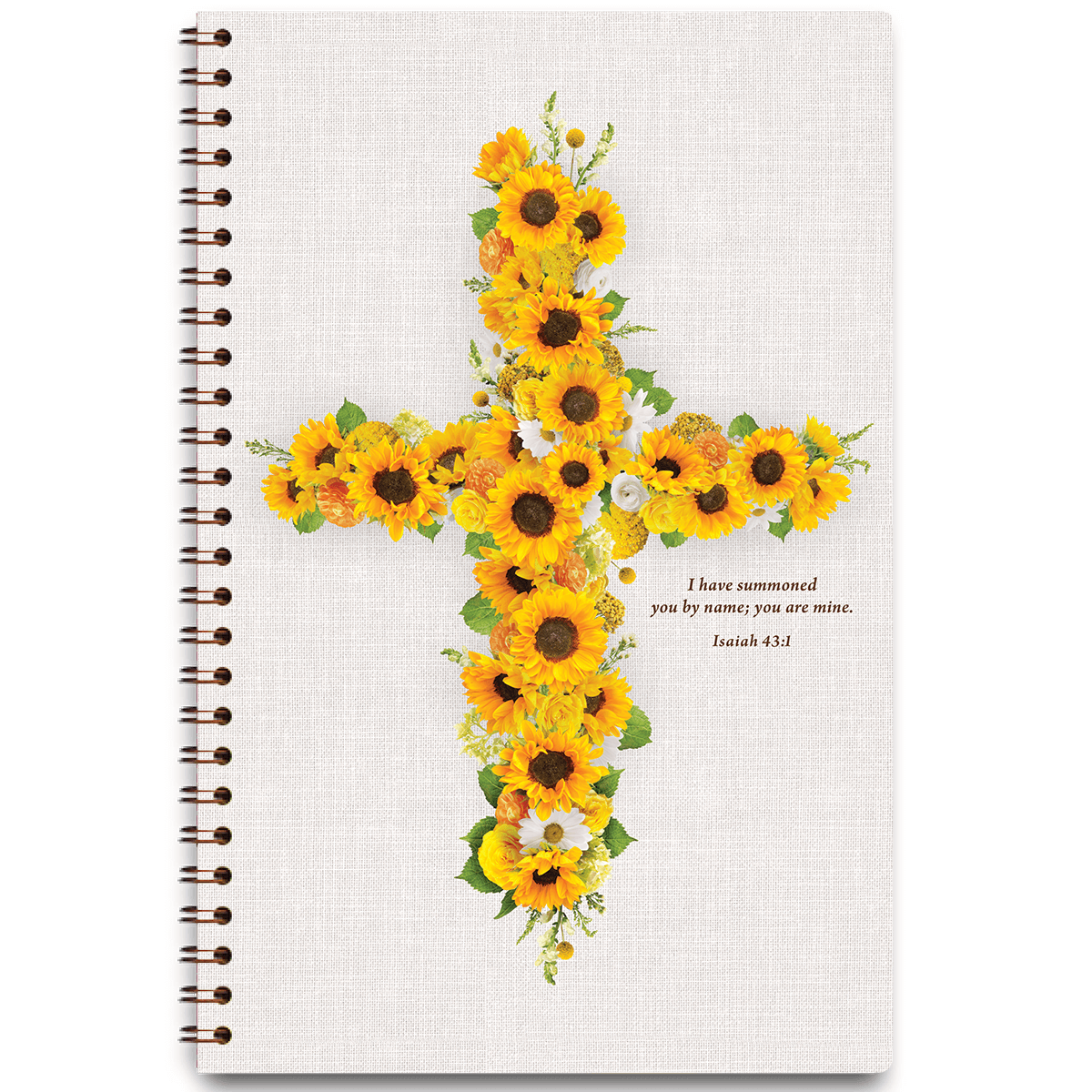 Personalized scripture journal with wire coil binding featuring Sunflower Cross design by Paper Sunday, each journal includes a unique curated set of Bible verses for daily reflection and encouragement