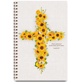 Personalized scripture journal with wire coil binding featuring Sunflower Cross design by Paper Sunday, each journal includes a unique curated set of Bible verses for daily reflection and encouragement