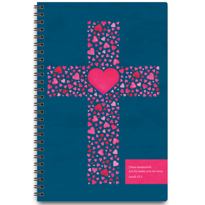 Sapphire Heart Cross personalized scripture journal with wire coil binding by Paper Sunday, deep blue cross and heart design symbolizing faith and love with a unique curated set of Bible verses