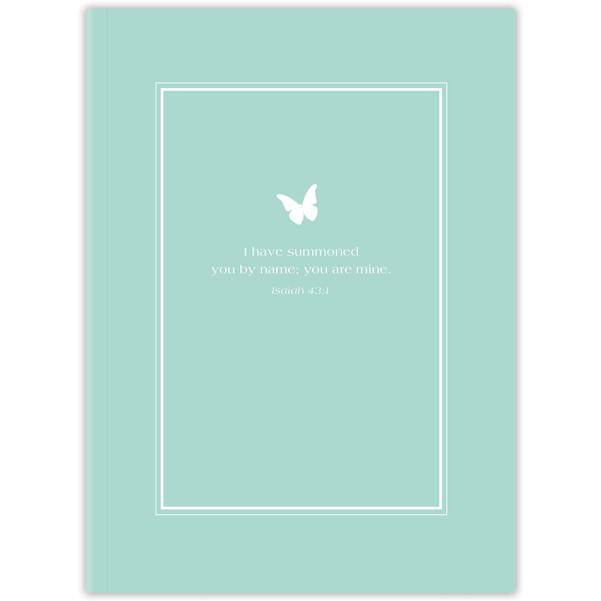 A planner with a light teal cover featuring a white frame and a butterfly design, with personalized scripture verse printed on it.