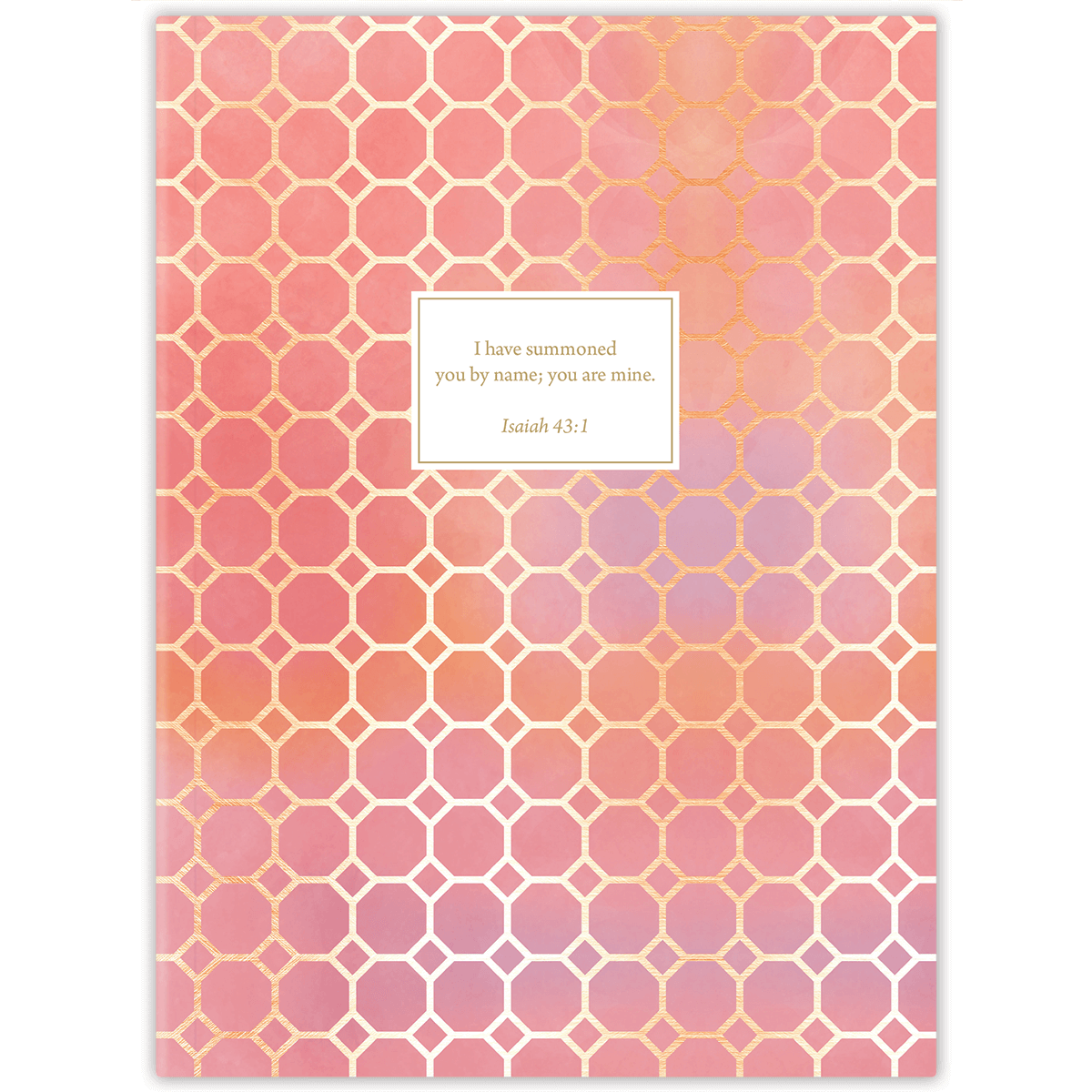 The image displays the cover of a planner with a honeycomb pattern in shades of pink and orange, and a rectangular text box with a quote from Isaiah 43:1 that reads, 'I have promised you by my name you are mine.'.