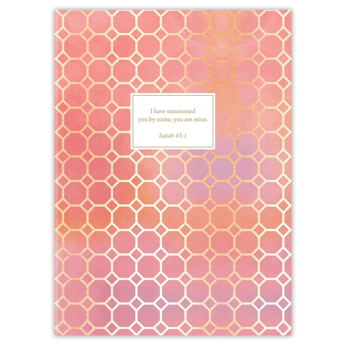 The image displays the cover of a planner with a honeycomb pattern in shades of pink and orange, and a rectangular text box with a quote from Isaiah 43:1 that reads, 'I have promised you by my name you are mine.'.